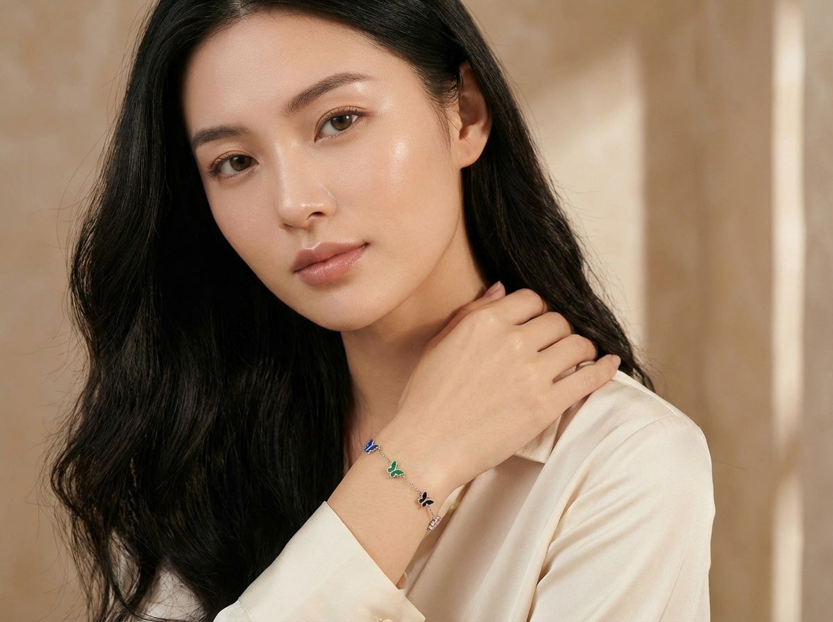 925 Sterling Silver Rhodium Plated Butterfly Bracelet, Multicolor