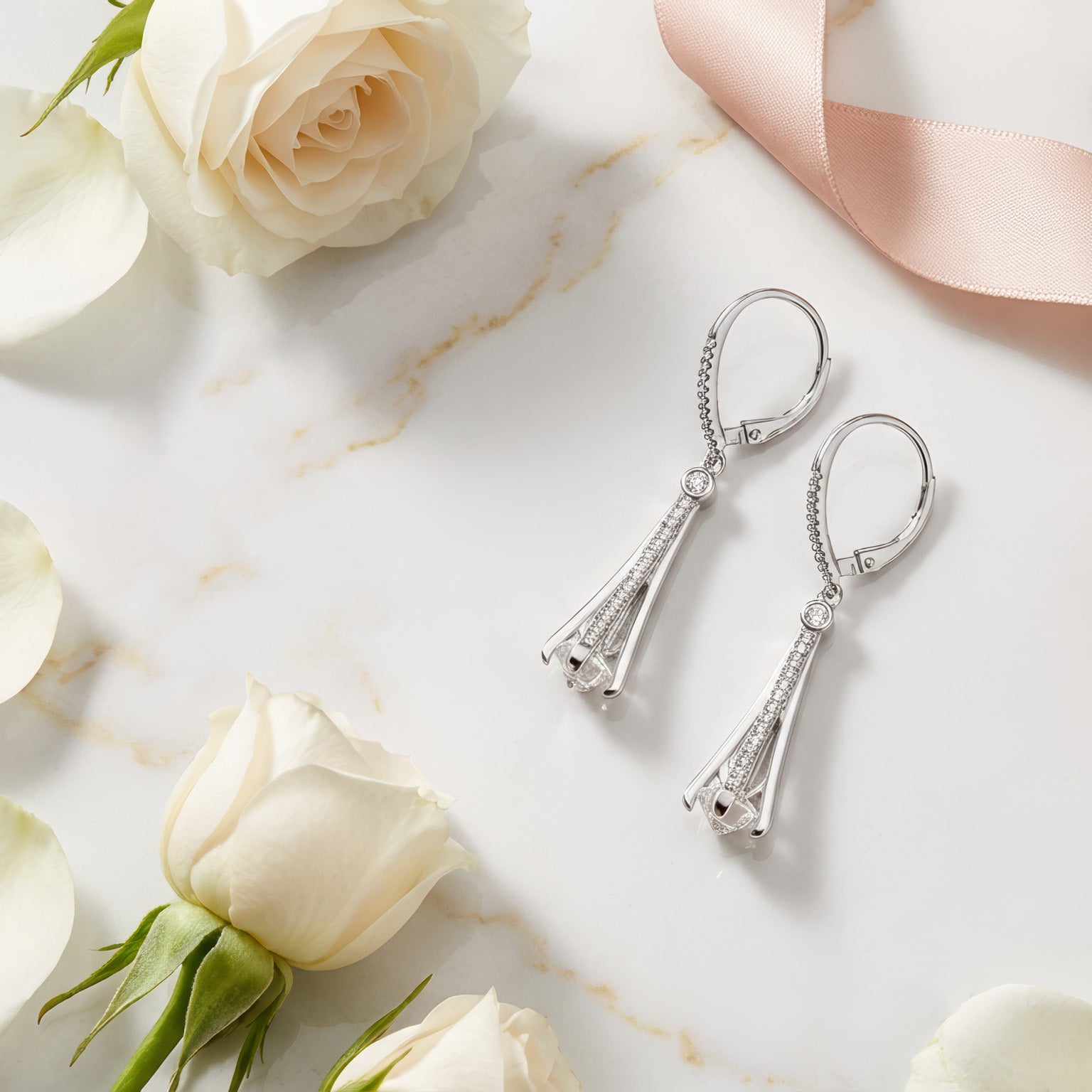 Tower Dangle Earrings 925 Sterling Silver Rhodium Plated