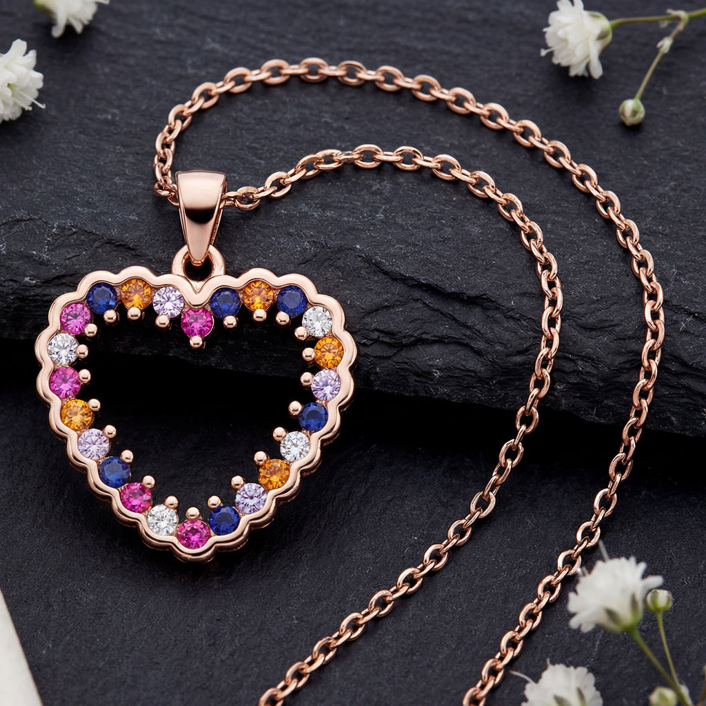 Sterling Silver Rose Gold Plated Heart Pendant Necklace, Multicolor Cubic Zirconia