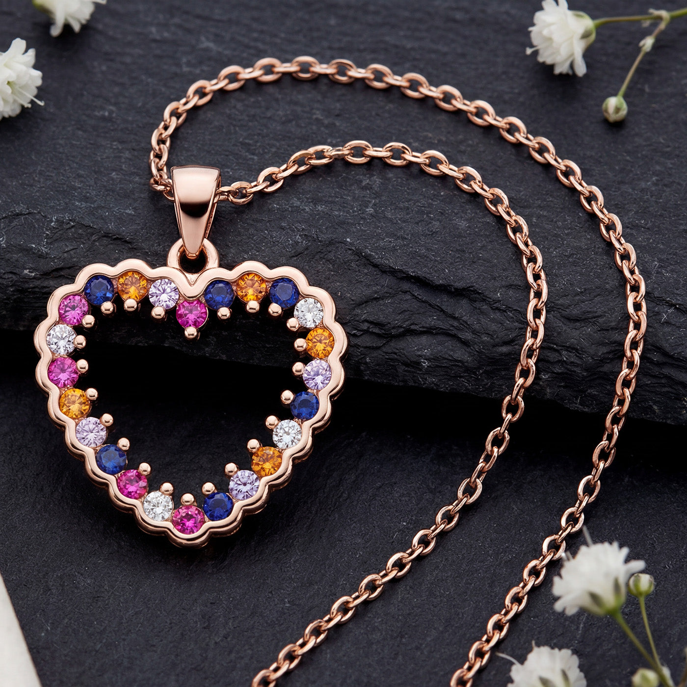 Sterling Silver Rose Gold Plated Heart Pendant Necklace, Multicolor Cubic Zirconia