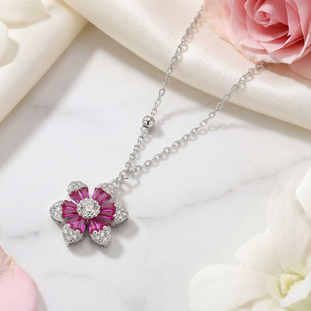 925 Sterling Silver Rhodium Plated Pink Crystal Flower Necklace