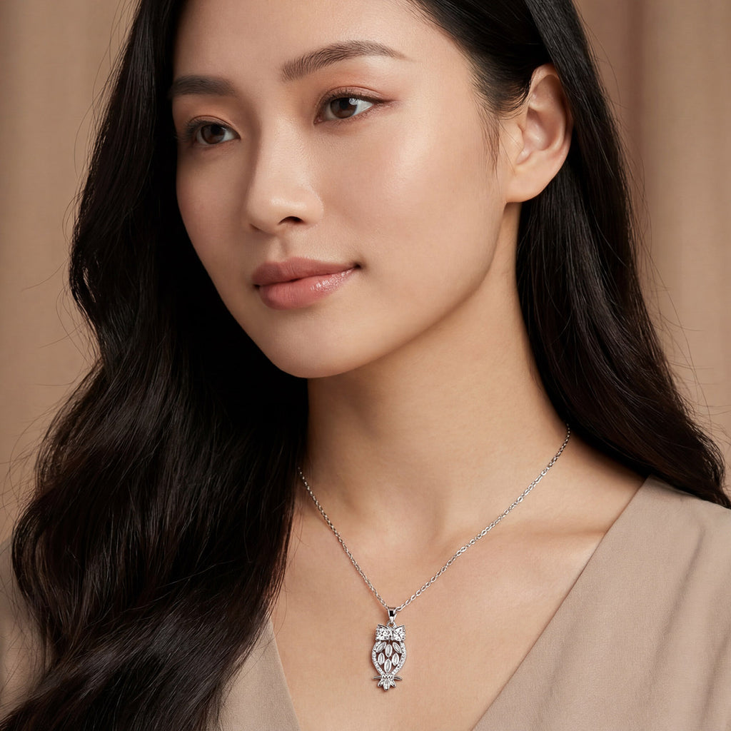 Rhodium Plated 925 Sterling Silver Owl Pendant Necklace