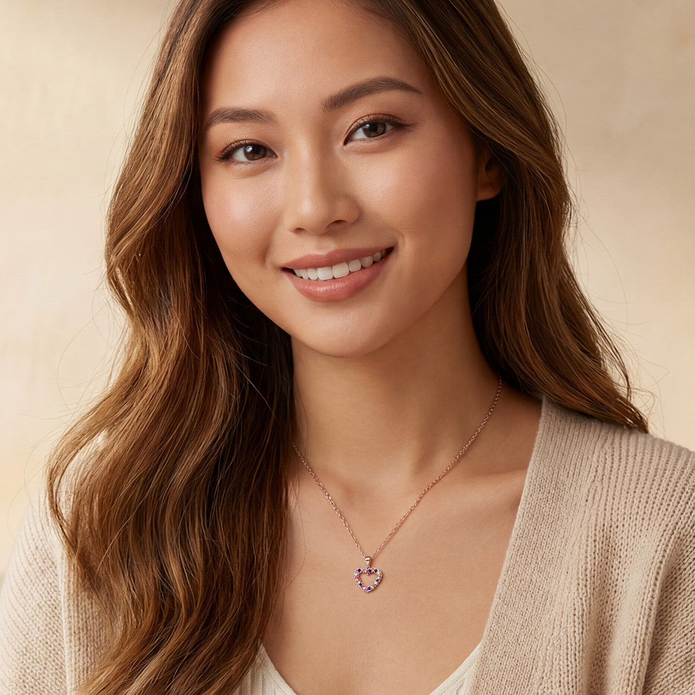 Sterling Silver Rose Gold Plated Heart Pendant Necklace, Multicolor Cubic Zirconia