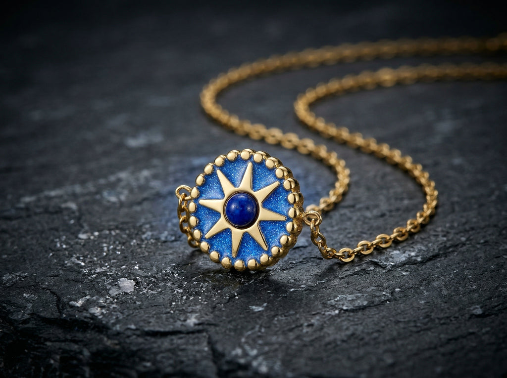 Blue Sunburst Necklace - 18K Gold Plated Stainless Steel