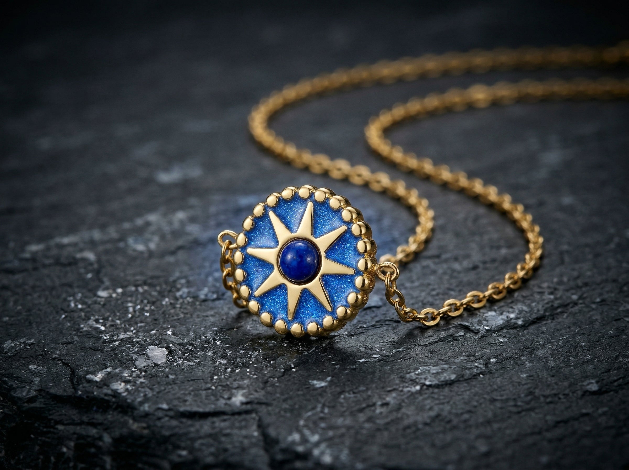 Blue Sunburst Necklace - 18K Gold Plated Stainless Steel